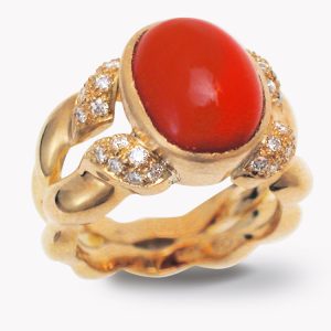 Item# 20842 Coral and DIamond gold flowing lines ring