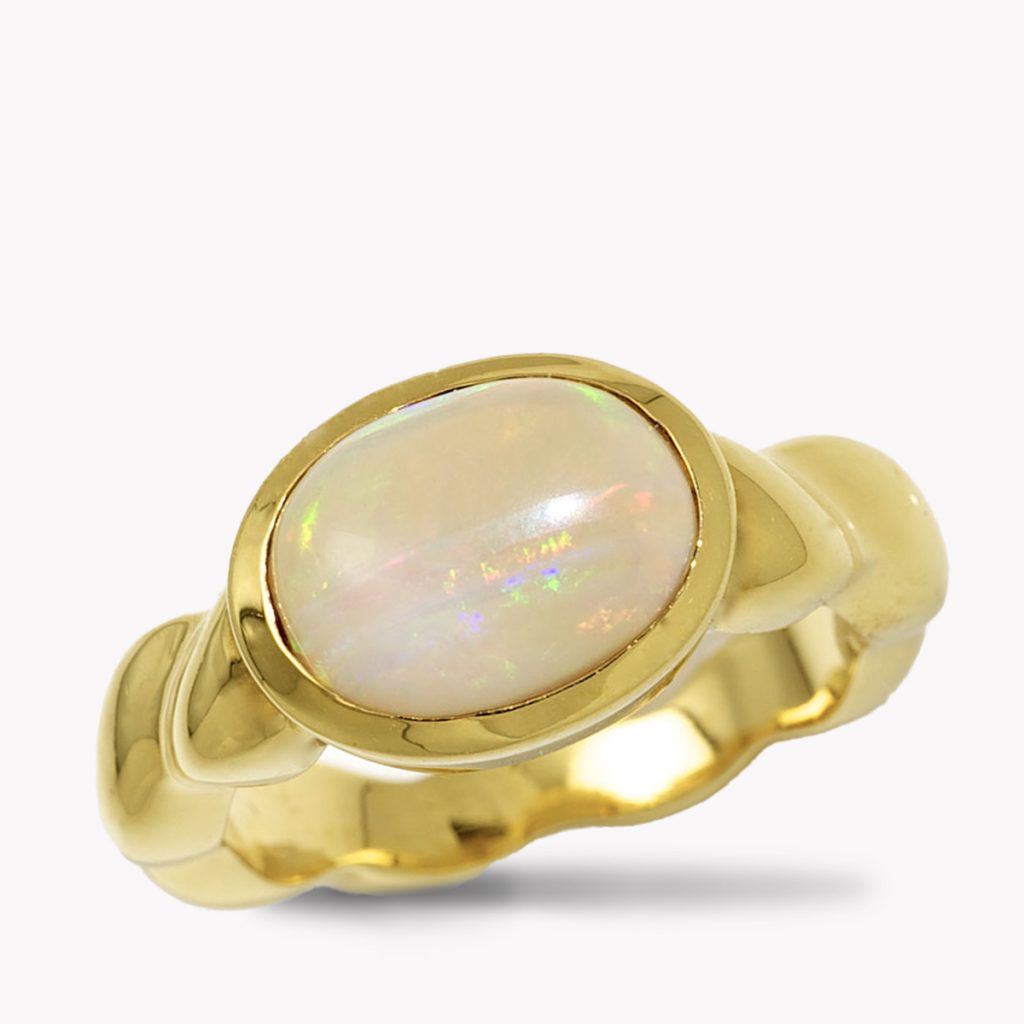 Item #20054 Single Flowing Lines Bezel Set Opal Ring in Yellow Gold