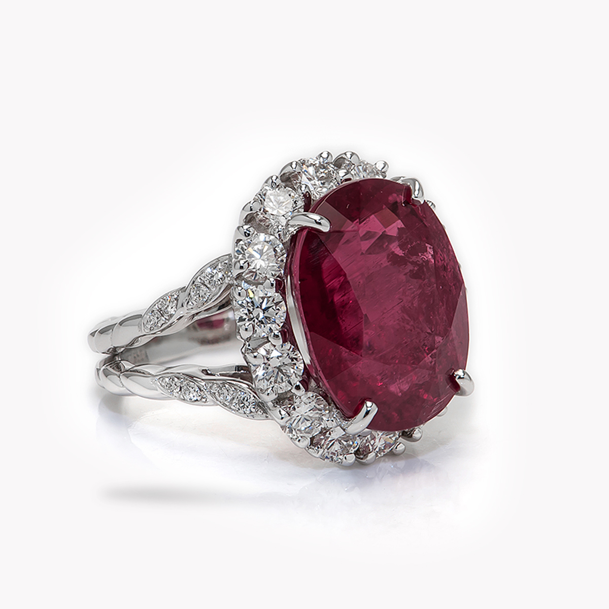Item21852A Double-Flowing Lines Split Shank Pink-Tourmaline and Diamond Ring in Platinum