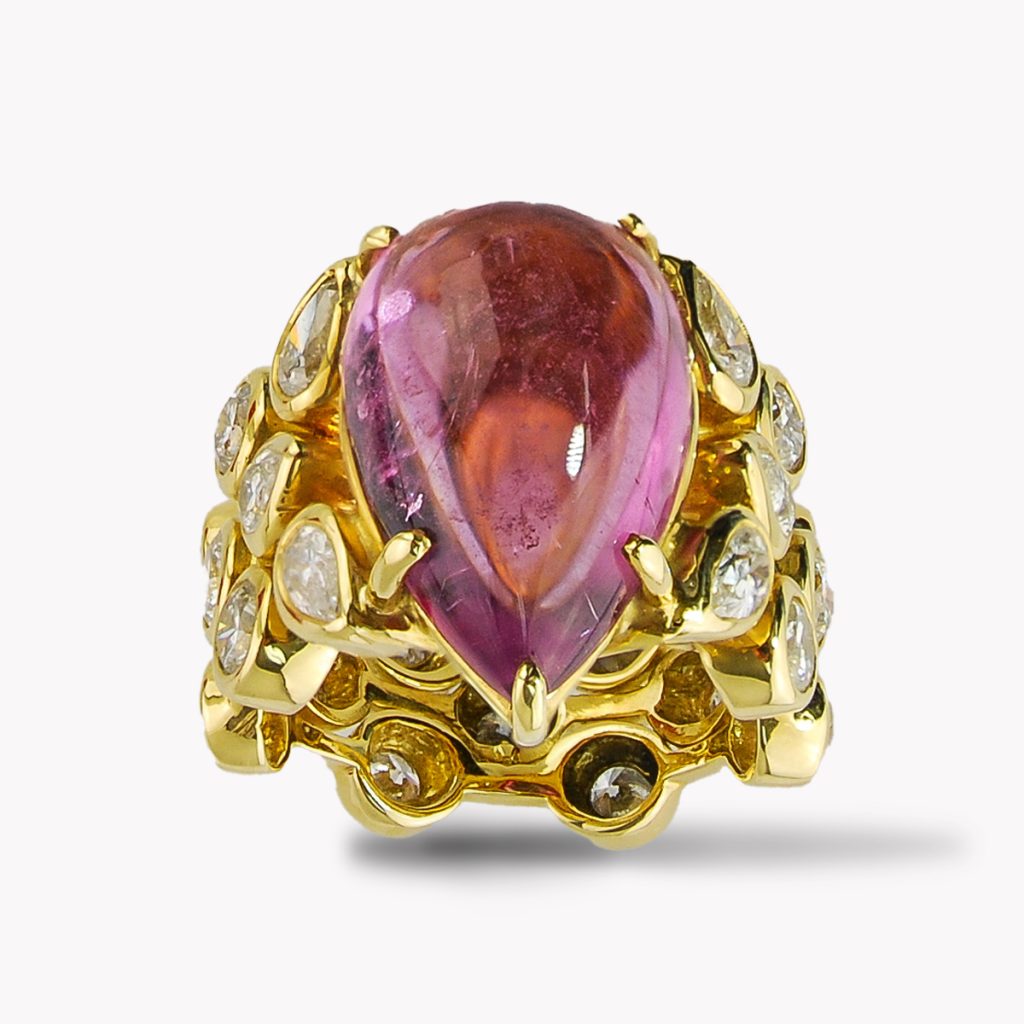 Item #22148 Cascade Splash Rubellite & Diamond Ring in Yellow Gold