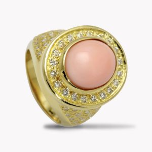 Soleil Angelskin Coral and Diamond Ring Yellow Gold, Item #22890