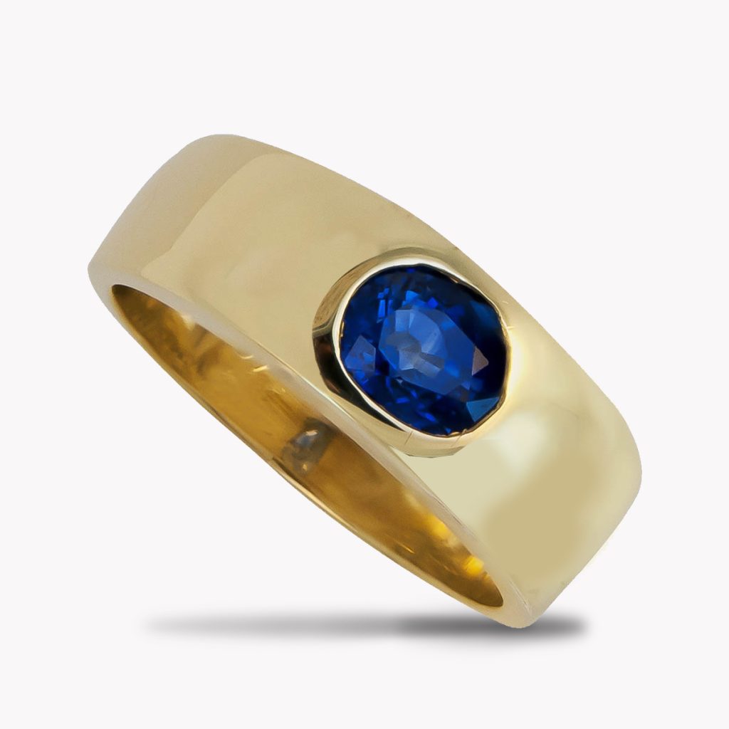 Unisex Bezel Set Yellow Gold Sapphire Ring, Item #23332A