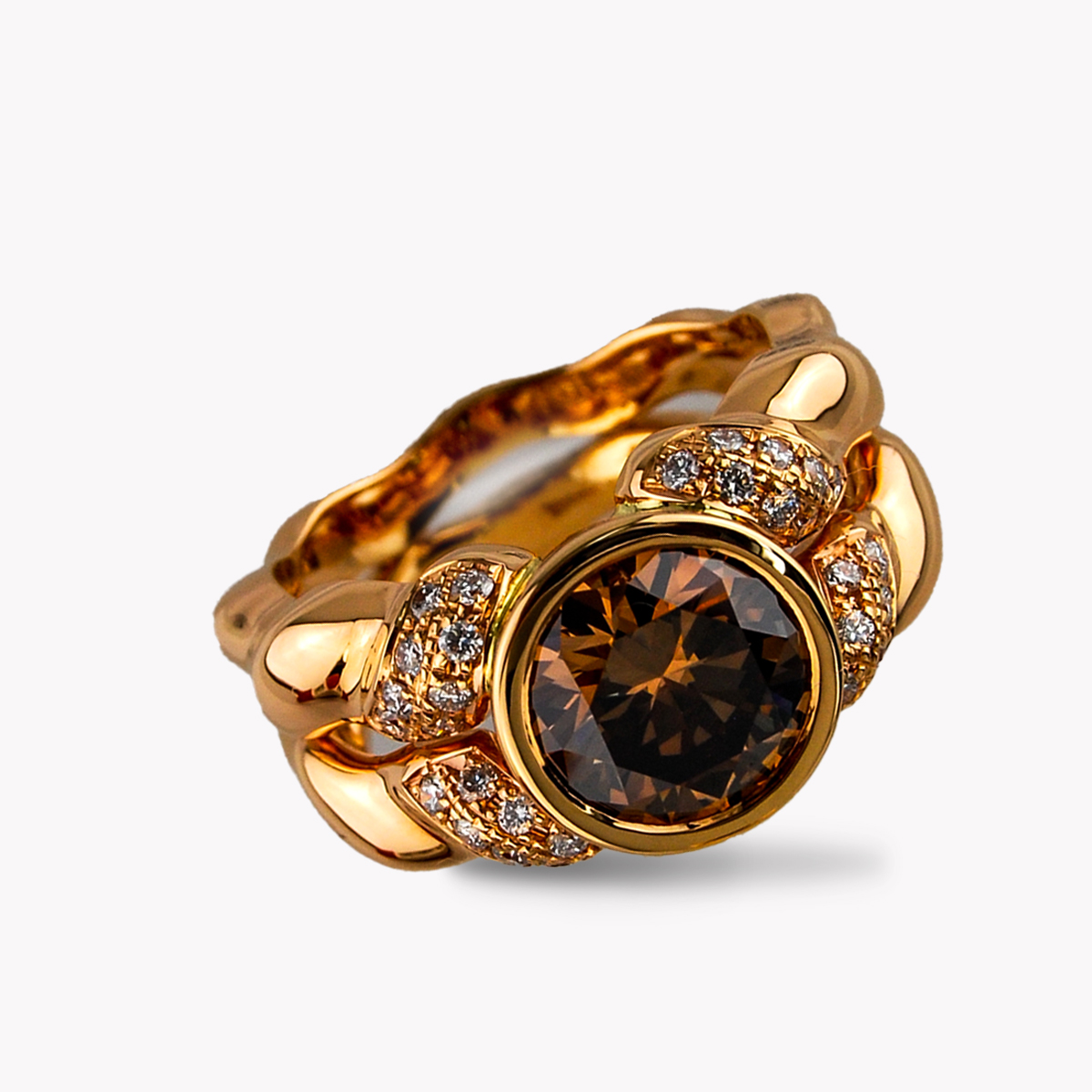 23341-Double Flowing Lines Rose Gold Ring with Fancy Orangey-Brown 2.57cts