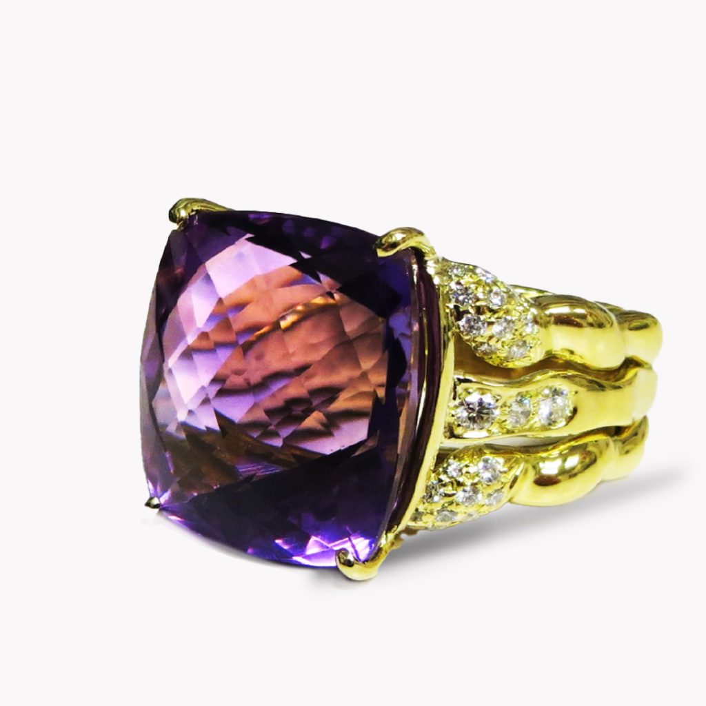 Item #23357 Triple Flowing Lines Amethyst & Diamond Ring in Yellow Gold