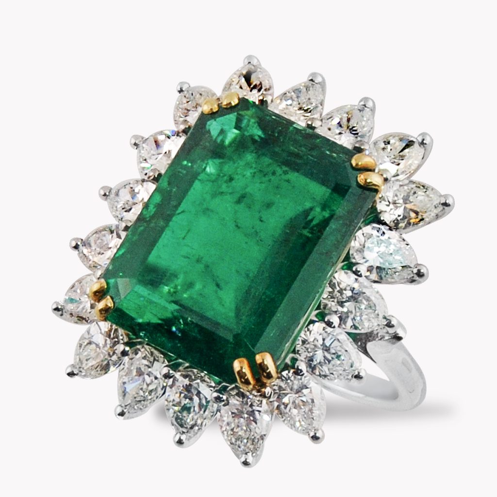 Item #23408 Green Beryl & Diamond Halo Ring in Platinum