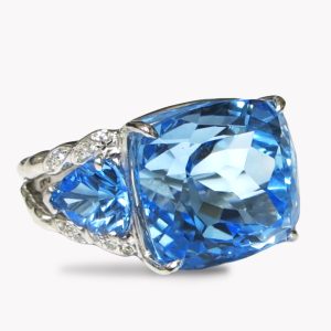 Double Flowing Lines 3 23441 Stone Blue Topaz and Diamond Ring in White Gold
