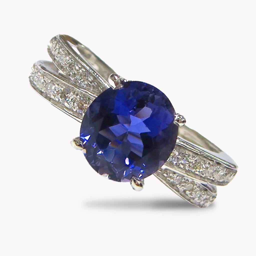 23467 Iolite Diamond Crossover RIng in Platinum