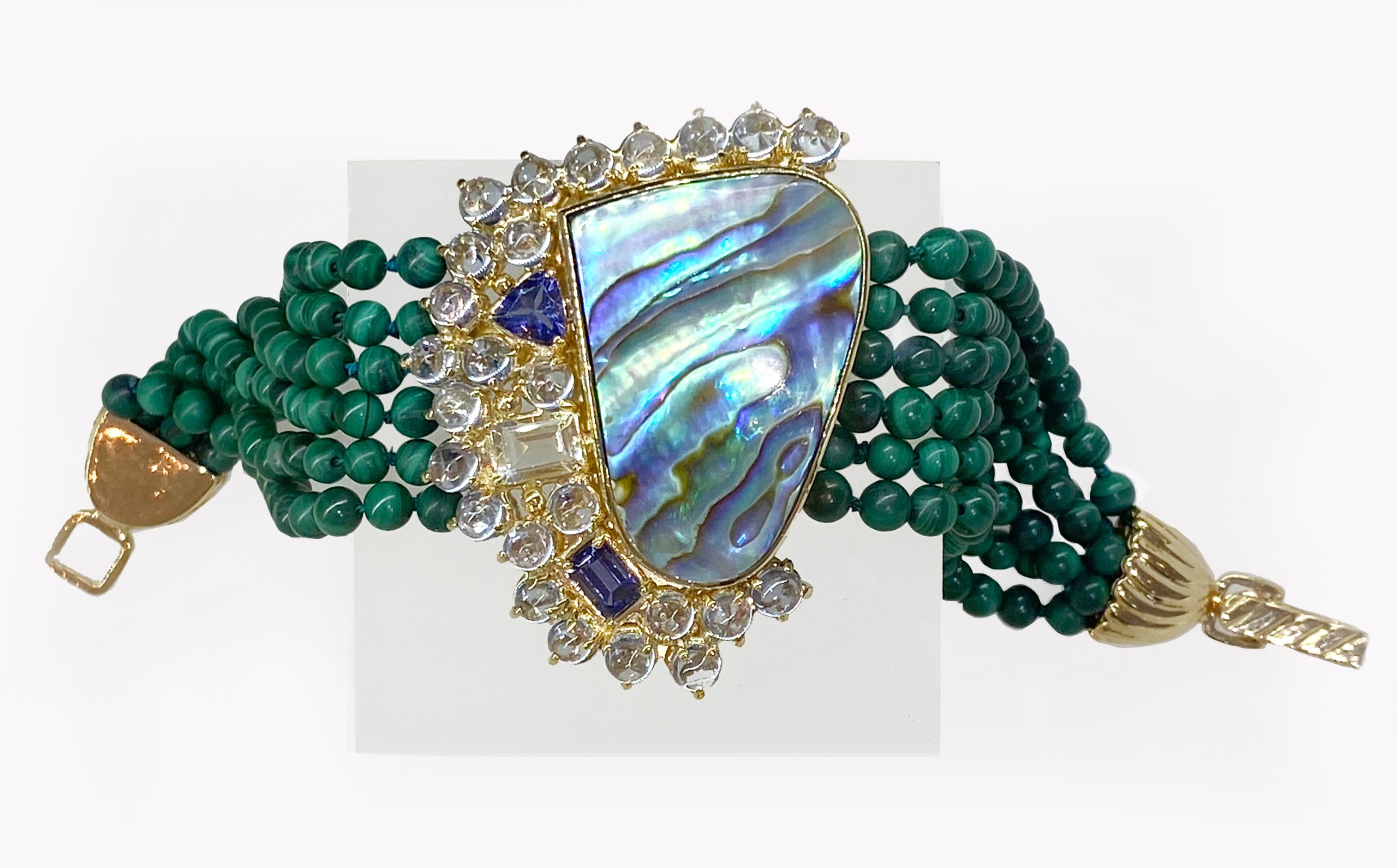 23530 Malachite Bead Mother of Pearl, Aquamarine Iolite Bracelet in Yellow Gold