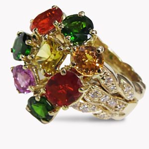 23586 Triple Flowing Lines Multi-Stone Bouquet Ring in Yellow Gold