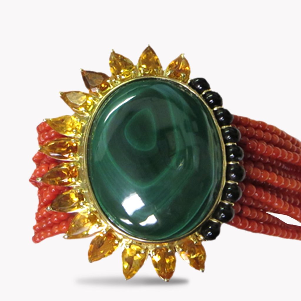 Item #23587 Malachite, Citrine and Onyx Beads on multi-Strand Coral Bead Bracelet in Yellow gold