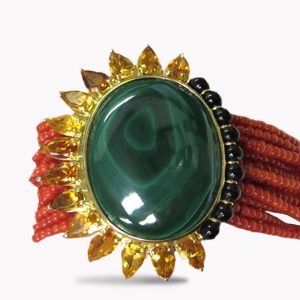 Item #23587 Malachite, Citrine and Onyx Beads on multi-Strand Coral Bead Bracelet in Yellow gold