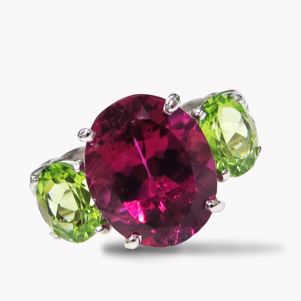 23684 Double FLowing Lines Three Stone Aquamarine, Peridot and Diamond RIng in Platinum