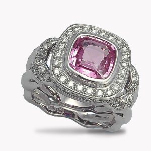23685 Wide Double Flowing Lines Pink Tourmaline and Diamond Ring in Platinum