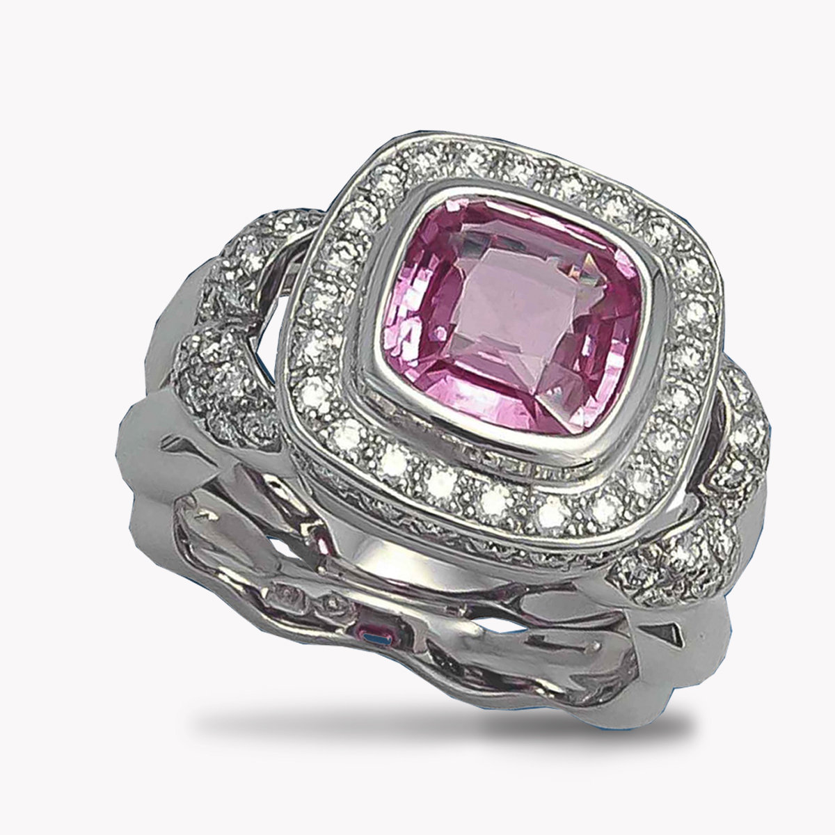 23685 Wide Double Flowing Lines Pink Tourmaline and Diamond Ring in Platinum