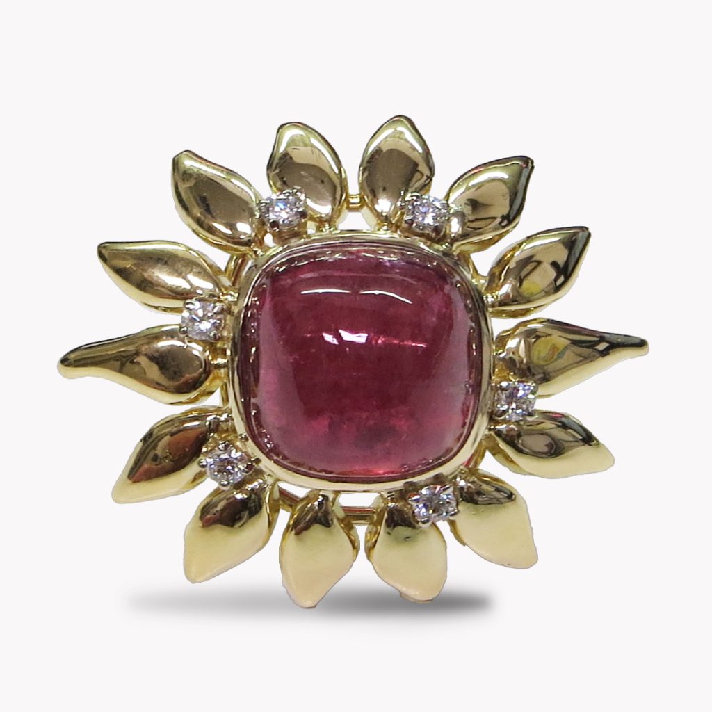 23779 Red Tourmaline and Diamond Flower Ring in Yellow Gold