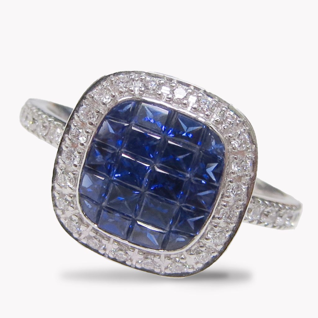 23789 Sapphire and Diamond Halo Ring in White Gold