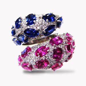 23913 Pink & Blue Sapphire Criss-Cross Ring with Diamonds in White Gold