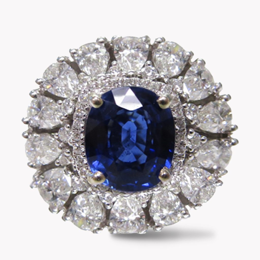 23914 Ballerina Style Blue Sapphire & Diamond Halo Ring