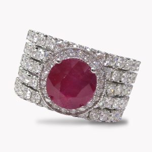 24124 Five Row Diamond Ring with Oval Ruby in White Gold