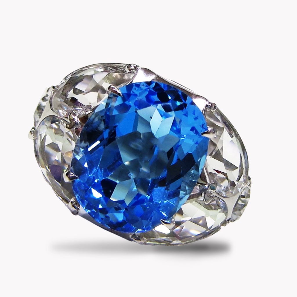 24211 Blue and White Topaz Lucky Seven Stone Ring in White Gold
