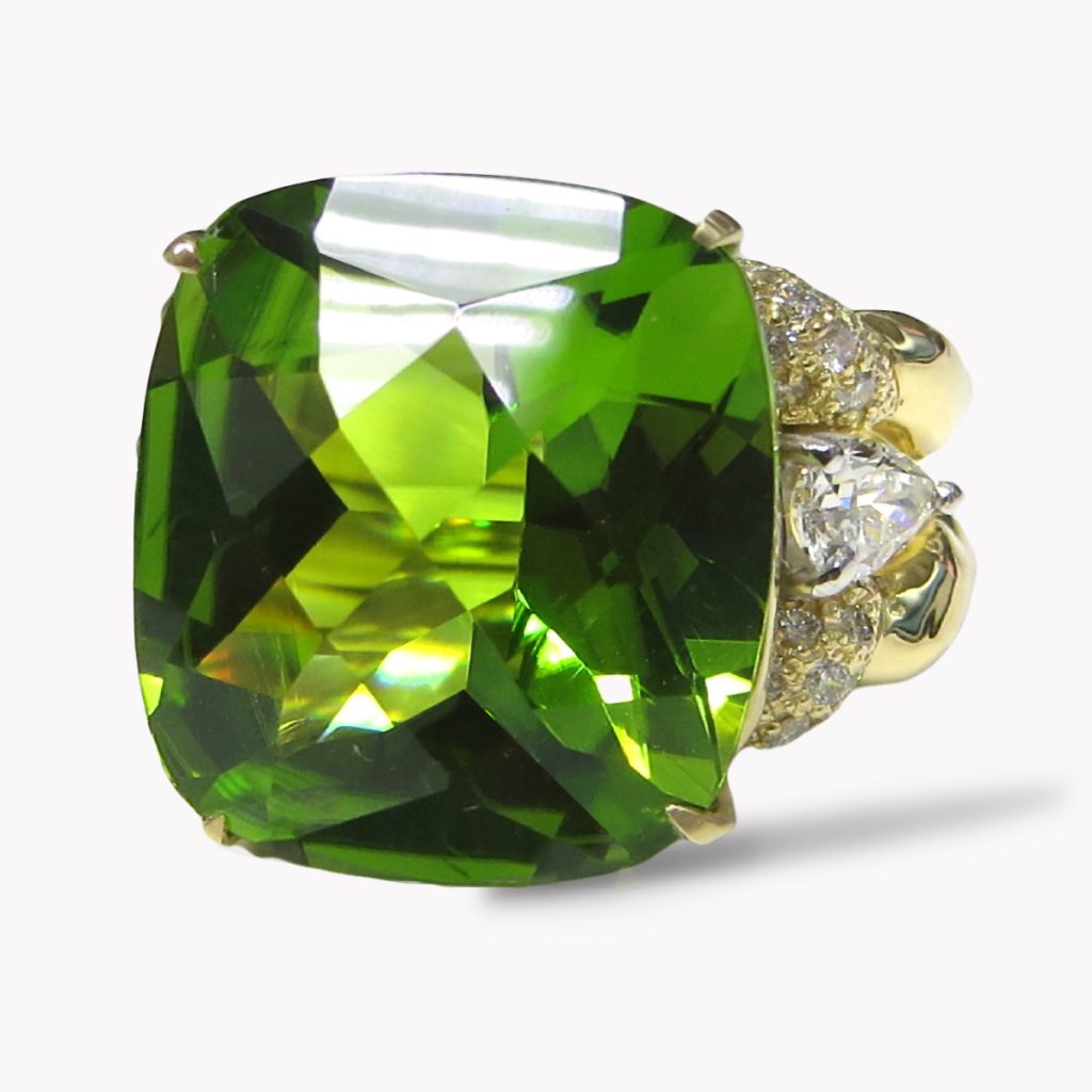 Item #24366 Three Stone Flowing Lines Green Tourmaline & Diamond Ring in White & Yellow Gold