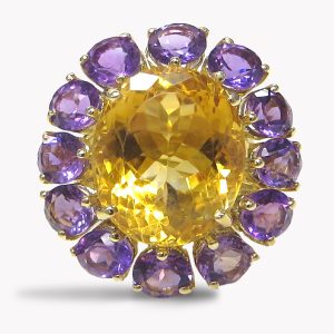 24534 Citrine and Amethyst Flower Ring in Yellow Gold