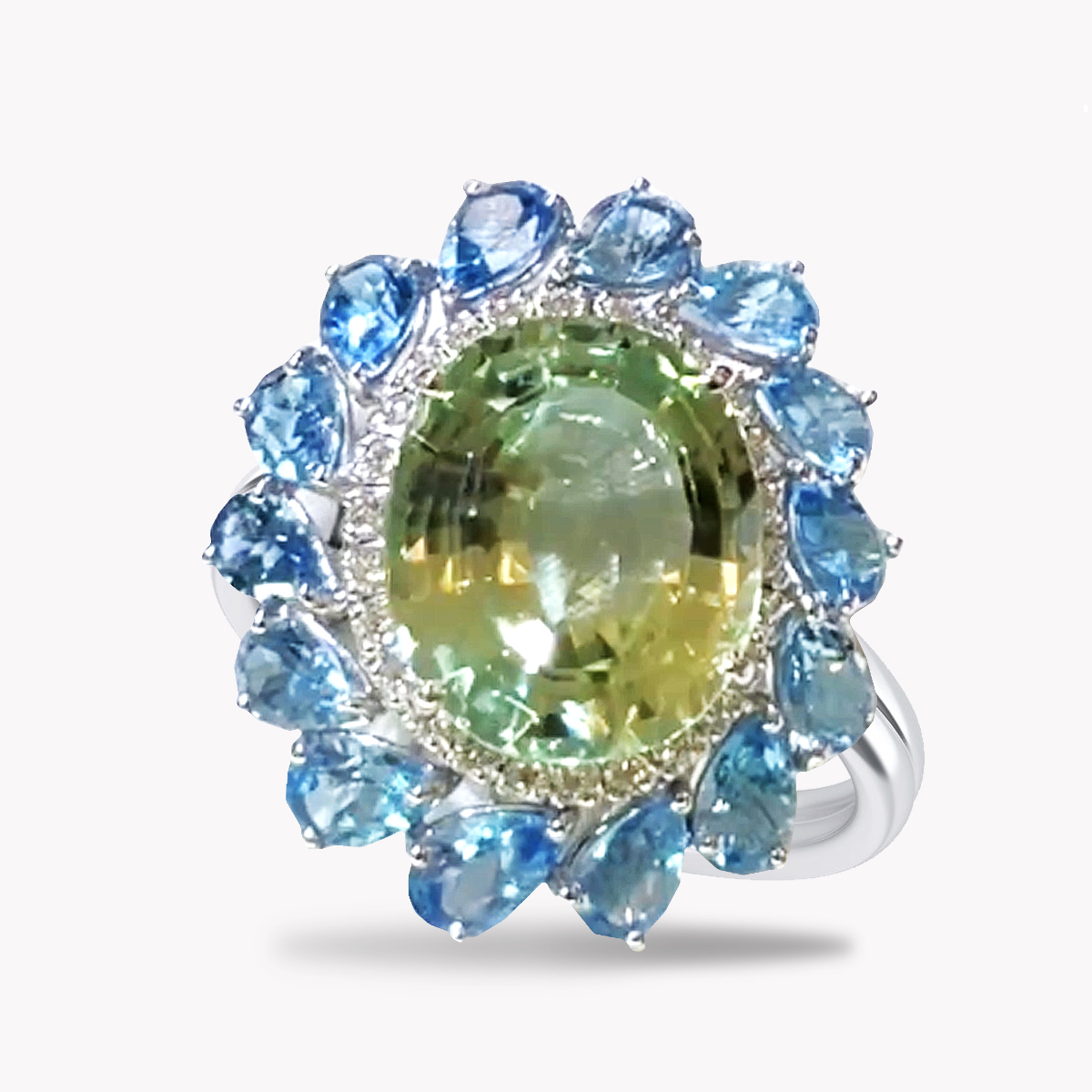 Item#24611 Spodumene Blue Topaz Diamond Floral Cocktail Ring in White Gold