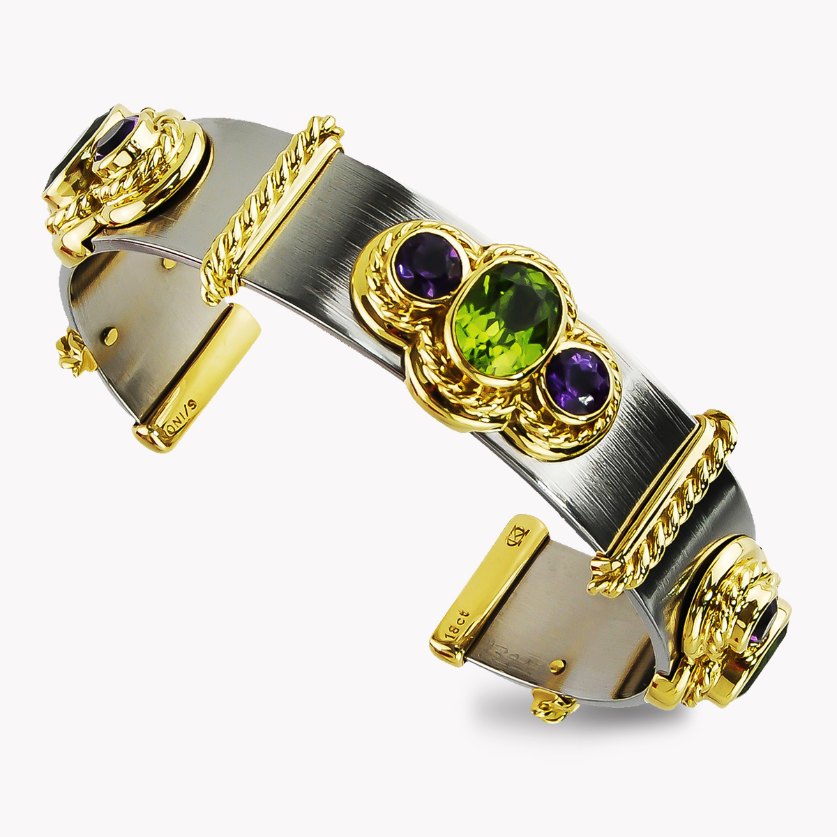 23255 Callista Amethyst & Peridot Yellow Gold & Stainless Steel Bangle Bracelet
