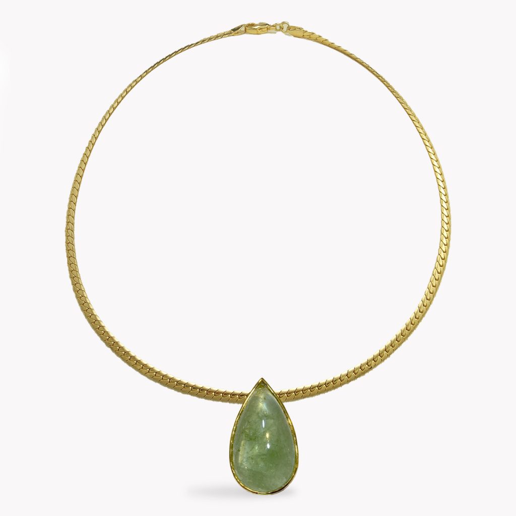 Item #19220 Green Tourmaline Cabochon Pendant On Yellow Gold Snake Chain