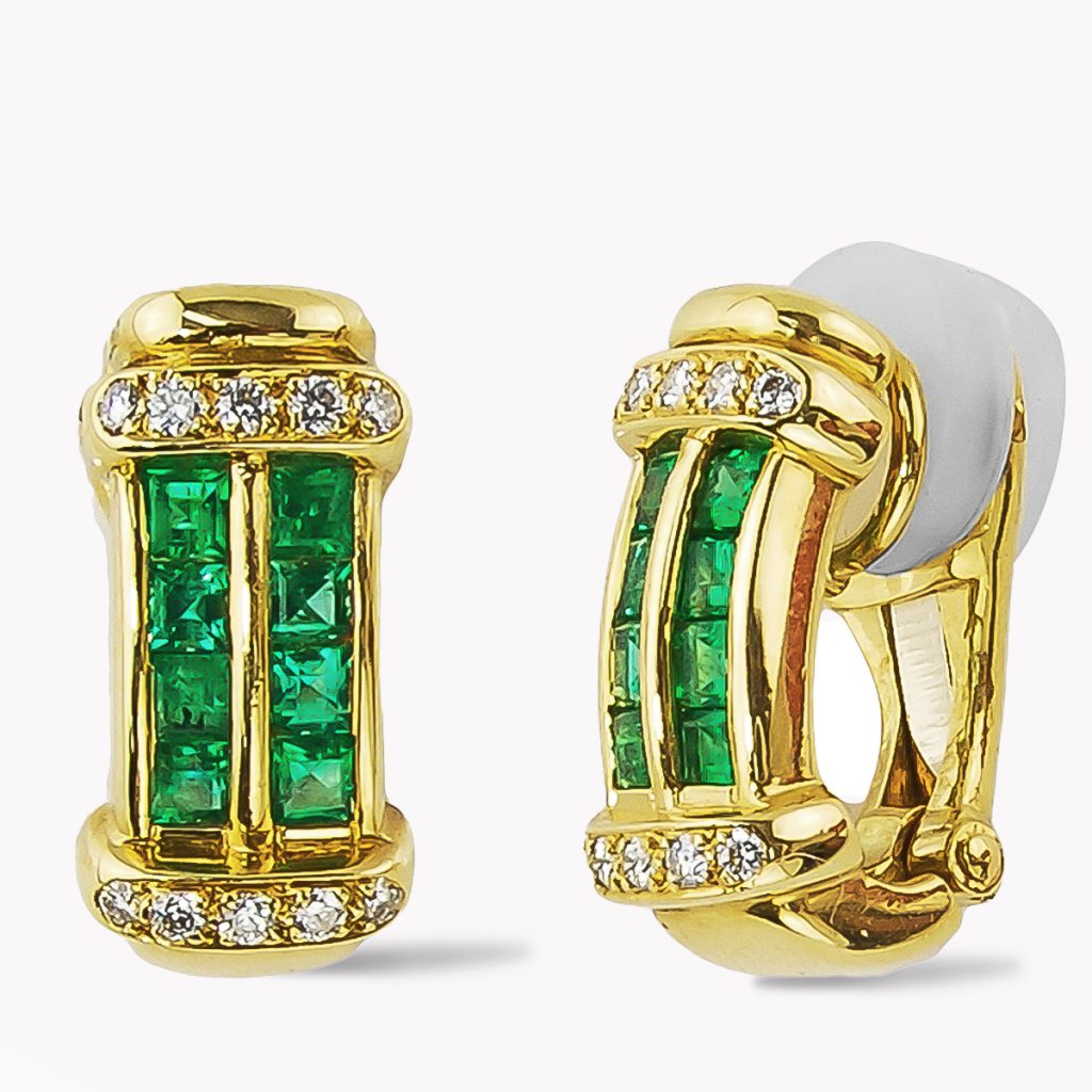 20694 Classic Emerald & Diamond Clip Back Rectangular Huggy Earrings in Yellow Gold