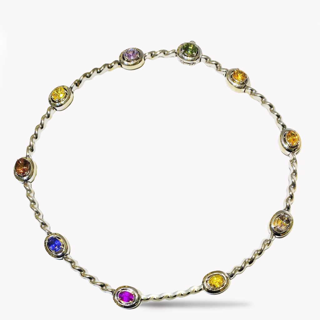 21100 Flowing lines Multicolor Sapphire Diamond Necklace in White Gold