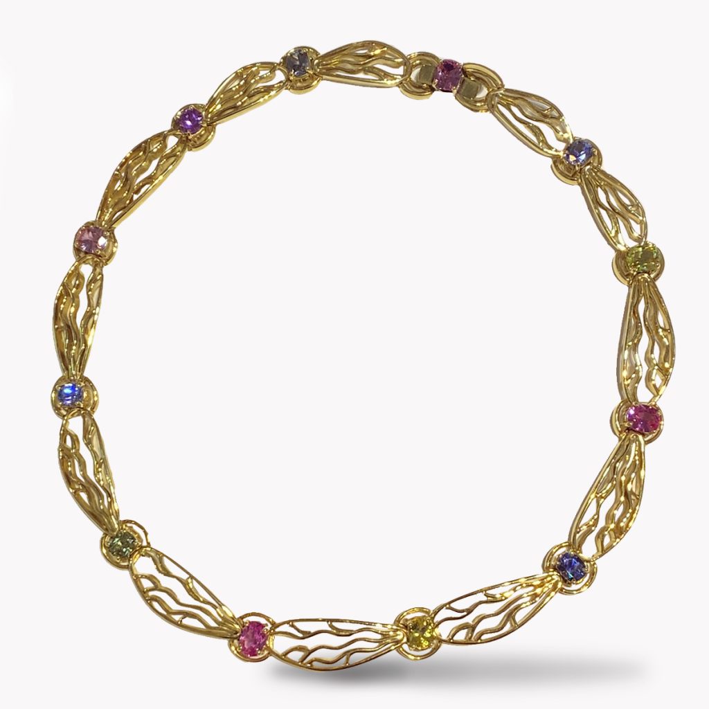 21476 Dragonfly Necklace with Multi Color Sapphires in Yellow Gold close up