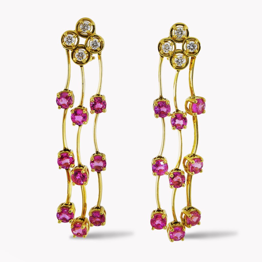 21934 Triple Cascade Dangle Drop Pink Sapphire & Diamond Earrings in Yellow Gold