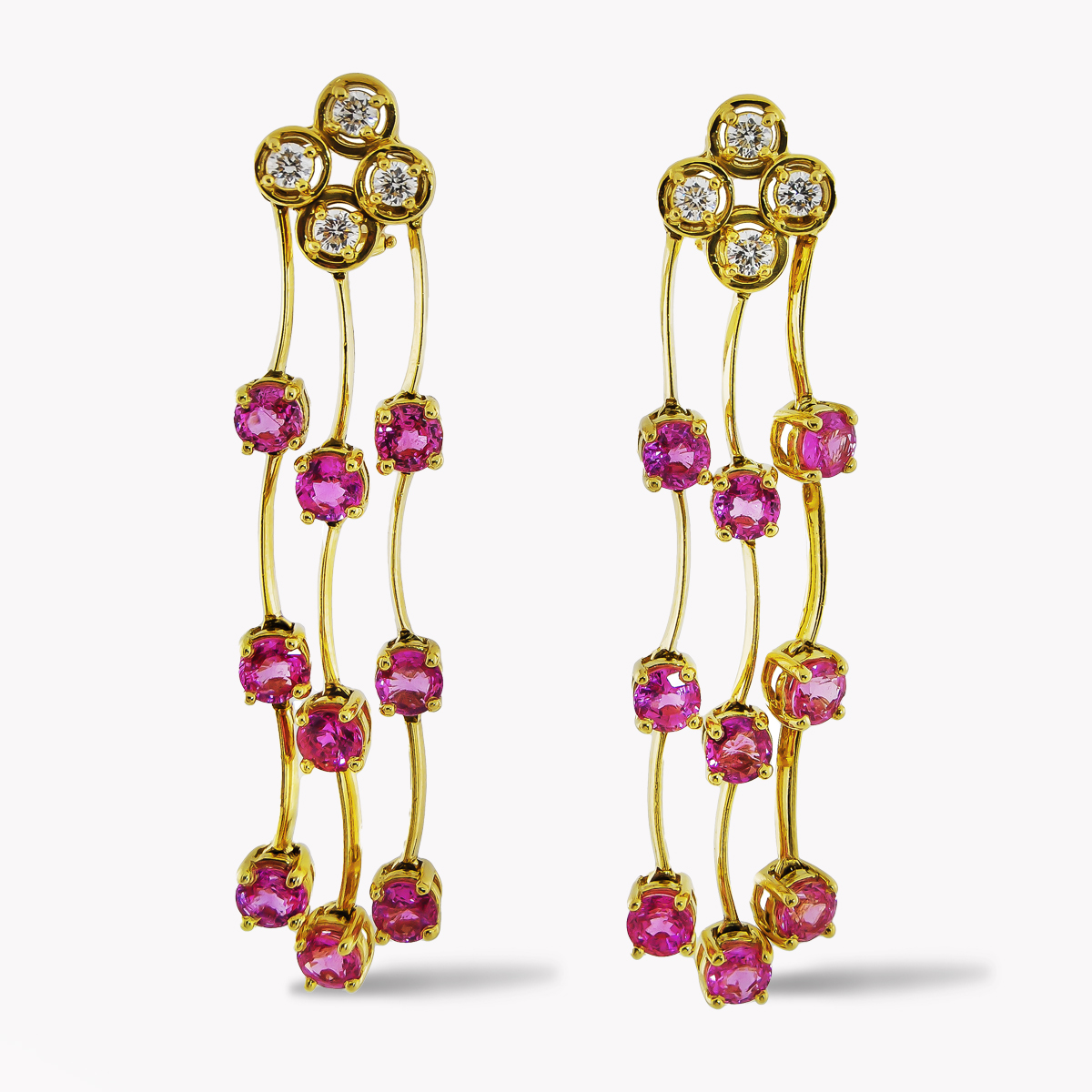 21934 Triple Cascade Dangle Drop Pink Sapphire & Diamond Earrings in Yellow Gold