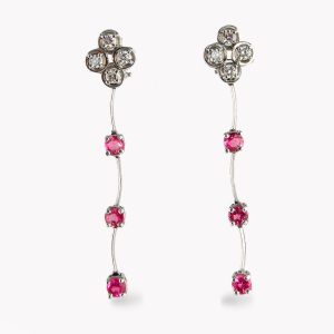 21973 Single Long Cascade Dangle Drop Pink Sapphires & Diamond Earrings in White Gold
