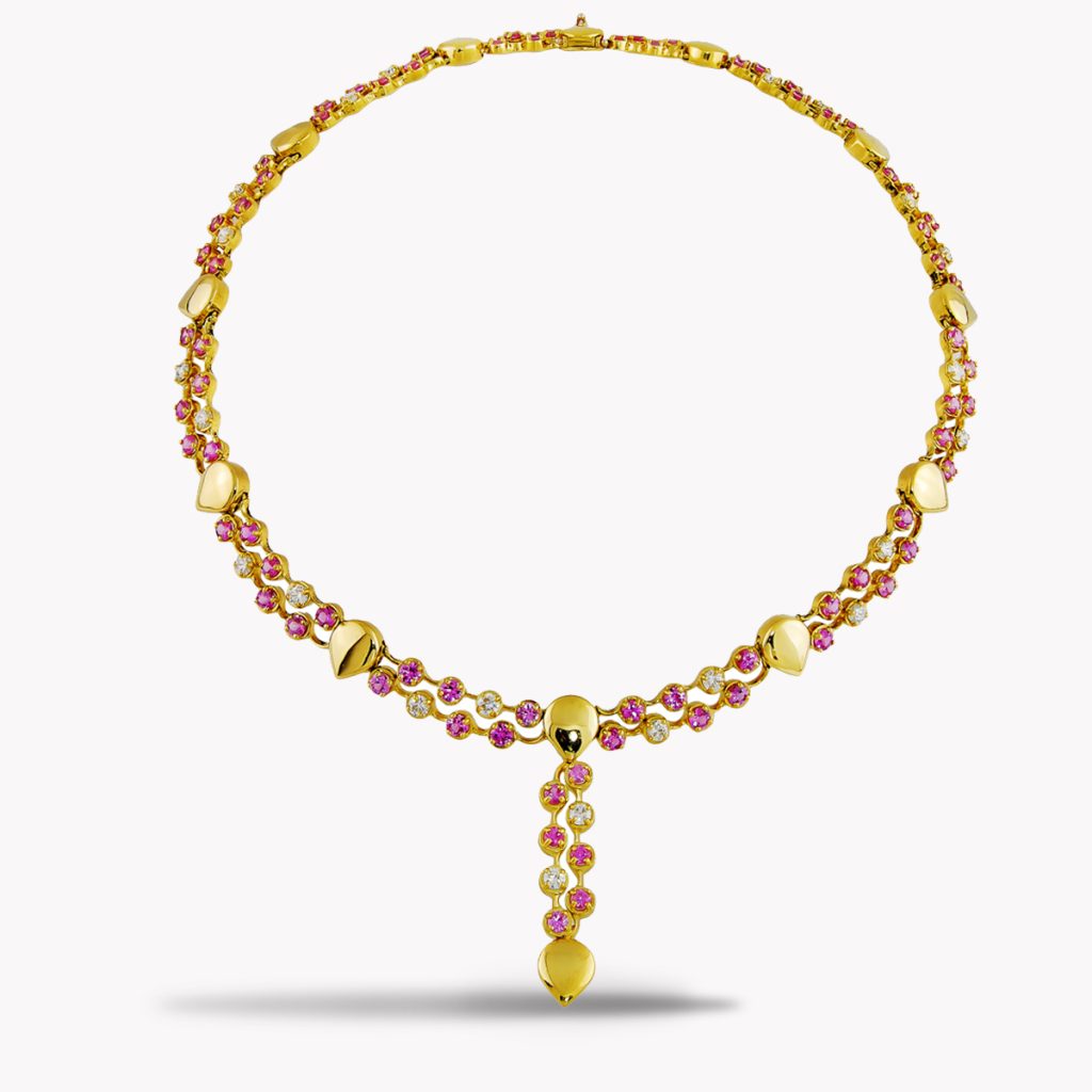 22091 Cascade Lace Necklace with Pink Sapphires and Diamonds in Yellow Gold