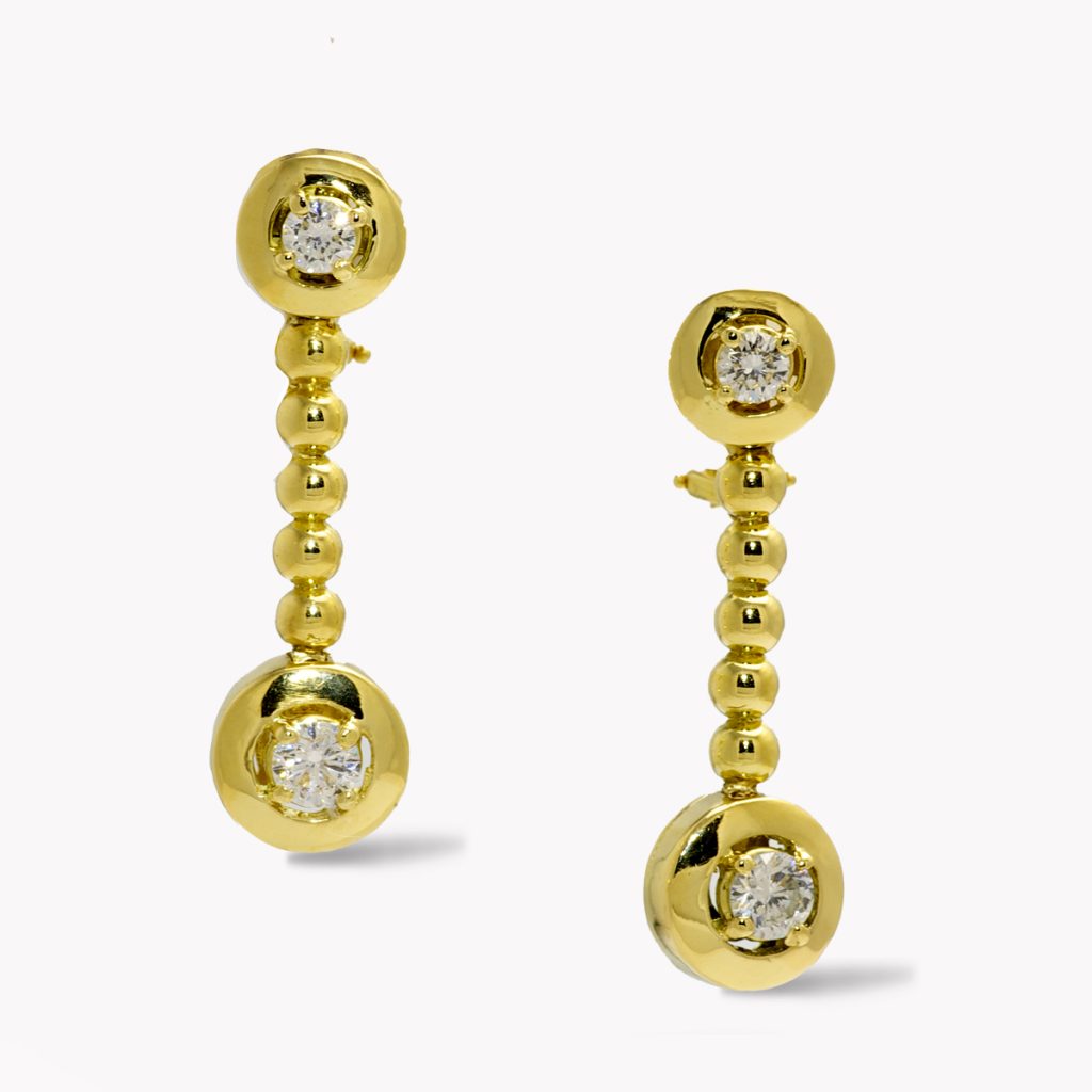 22354 Yellow Gold Bead and Diamond Dangle Drop Earrings
