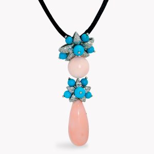 Angel Skin Coral & Diamond Jasmin Drop White Gold Pendant On Black Silk Cord