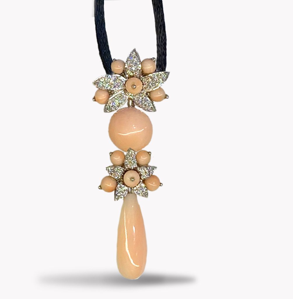 Angel Skin Coral & Diamond Jasmin Drop White Gold Pendant On Black Silk Cord