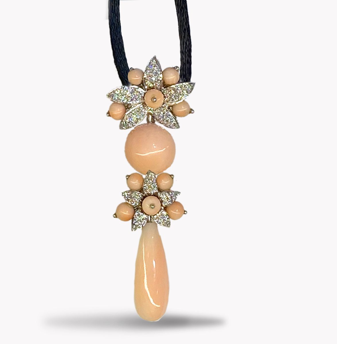 Angel Skin Coral & Diamond Jasmin Drop White Gold Pendant On Black Silk Cord