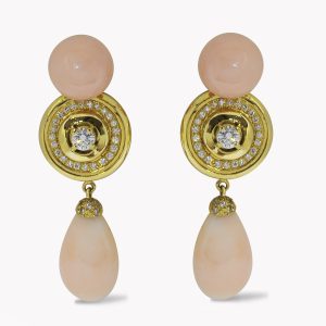 22938 Soleil Angelskin Coral and Diamond Dangle Drop Earrings in Yellow Gold
