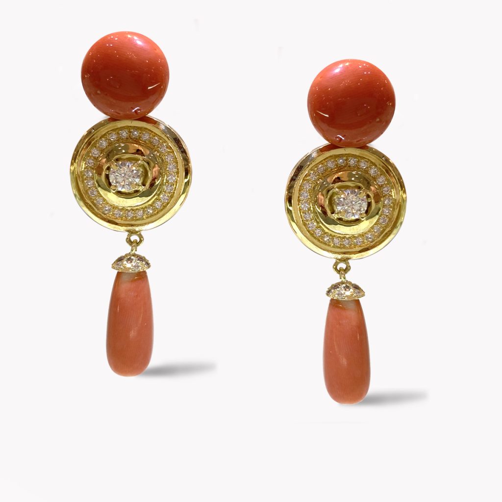 Item #22940 Soleil Coral & Diamond Dangle Drop Earrings in Yellow Gold