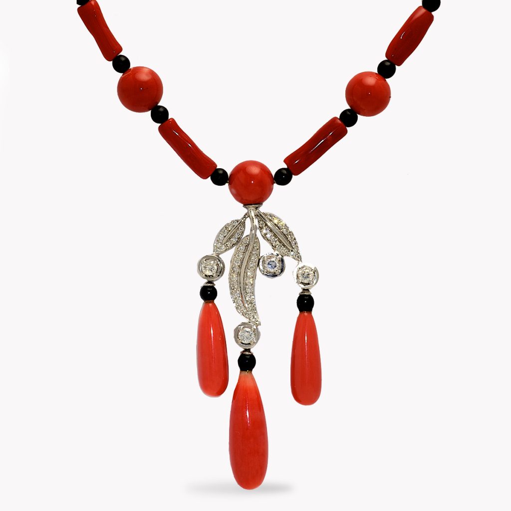 Item #22991 Feuille Diamond, Coral & Black Necklace in White Gold