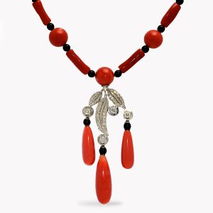 Item #22991 Feuille Diamond, Coral & Black Necklace in White Gold