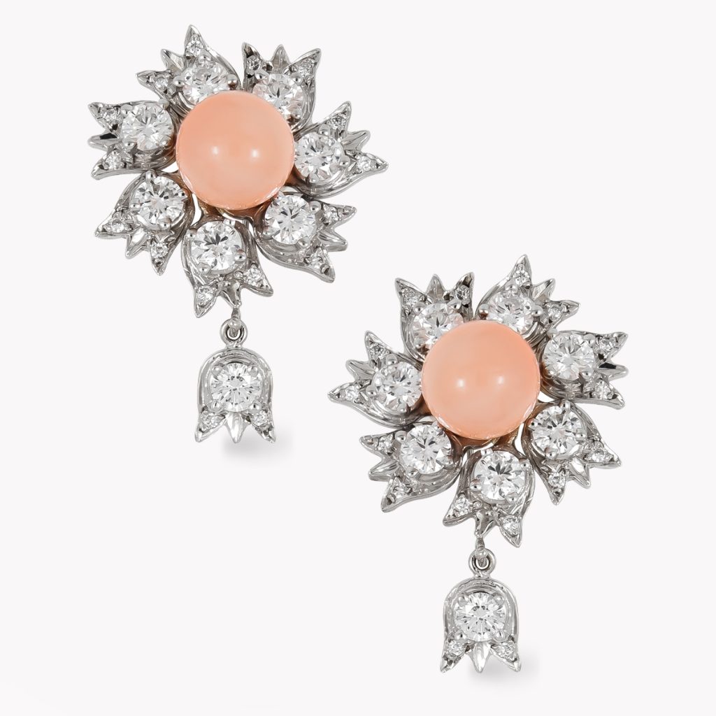 23057Designer Lilly of the Valley Coral & Diamond Dangle Drop Earrings in White Gold