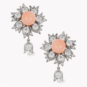 23057Designer Lilly of the Valley Coral & Diamond Dangle Drop Earrings in White Gold
