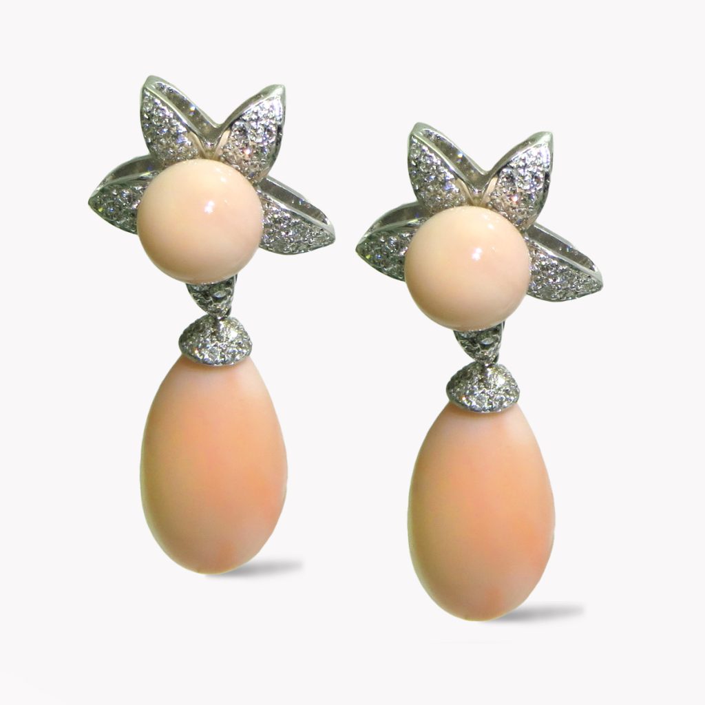 23097 Designr Jasmin de Nuit Diamond and Agel Skin Coral Drop Earrings