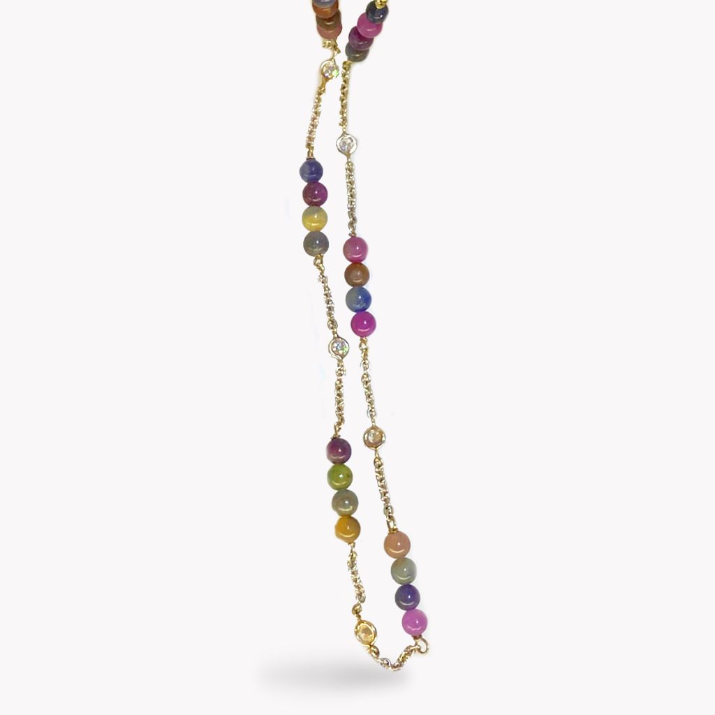 Item #23347 White Gold Chain Necklace With Sapphire & Ruby Beads And Diamonds Necklace