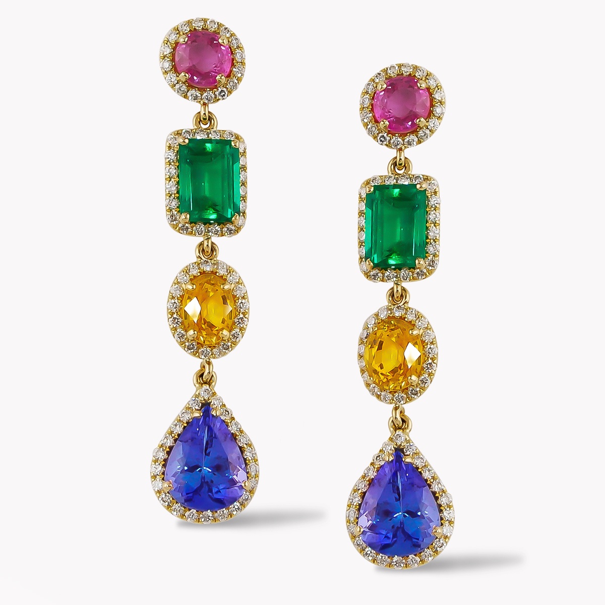 Pink & Yellow Sapphire, Emerald & Tanzanite Dangle Drop Earings in Yellow Gold with Diamonds