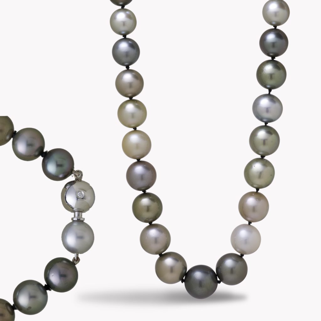 Item #23398 17.5 Inch Round Tahitian Pearl Strand Necklace with White Gold Diamond Ball Clasp.